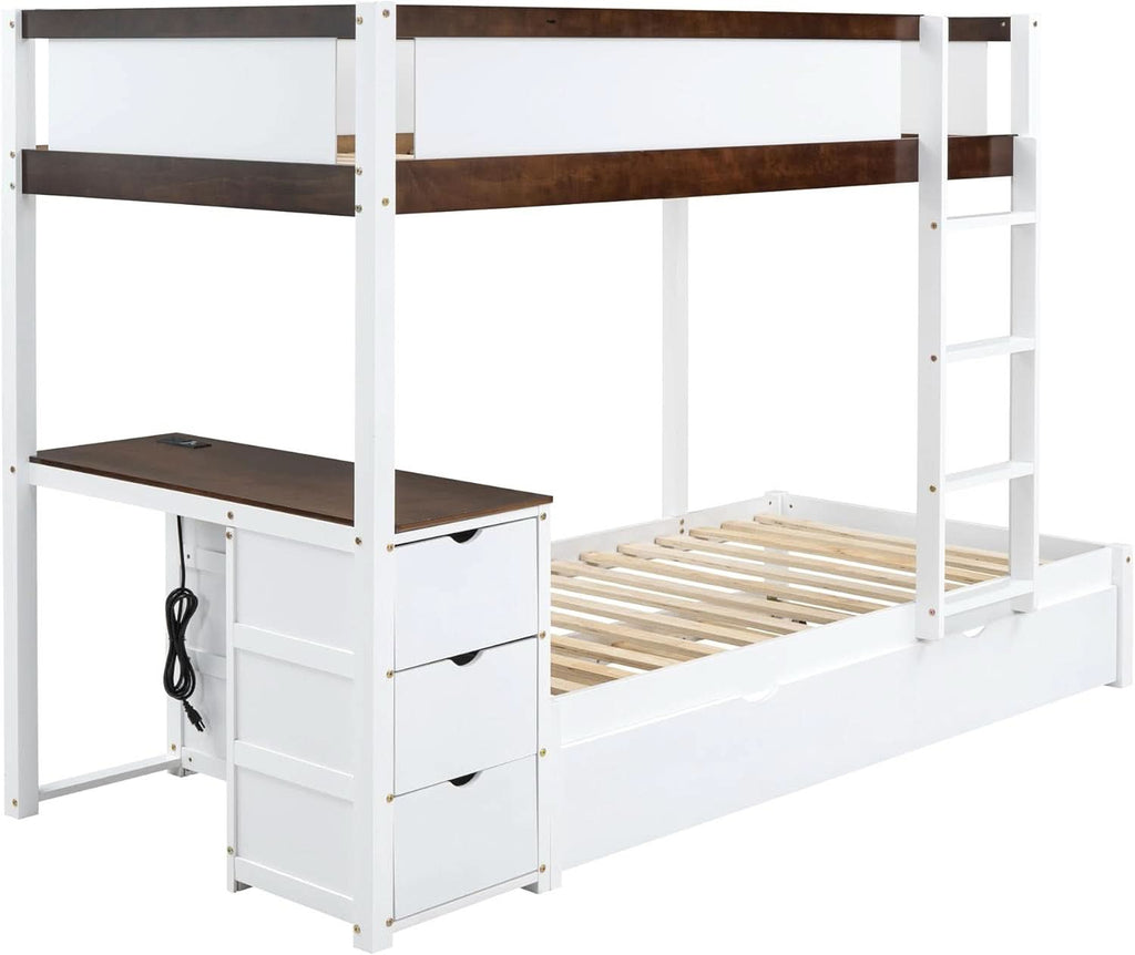 Twin Over Twin Bunk Bed With Desk USB Ports White Walnut