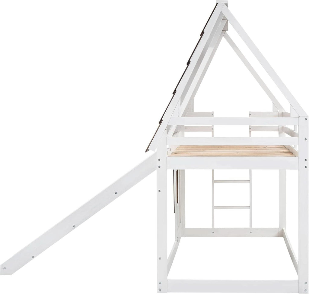 Twin Over Twin House Bunk Bed Frame White Brown With Roof