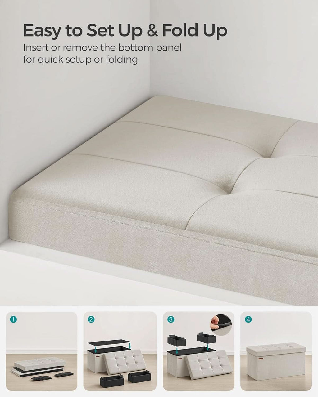 Cream White Foldable Storage Ottoman Bench 15x30x15
