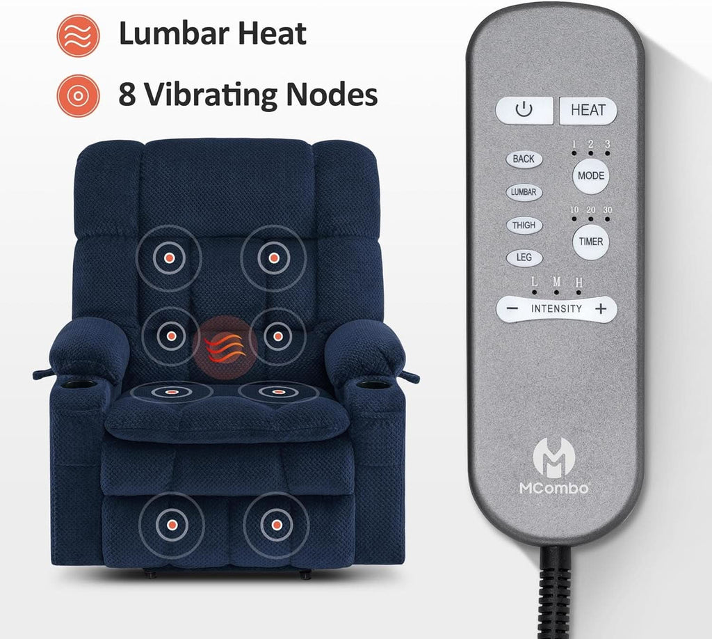 Large Wide Navy Blue Dual Motor Lift Recliner Massage And Heat