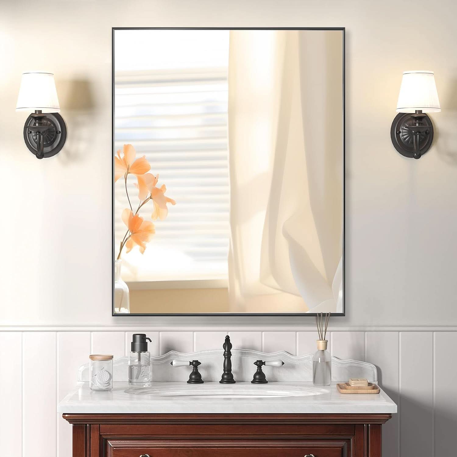 24X32 Inch Black Aluminum Frame Wall Mirror For Bathroom Vanity Horizontal Or Vertical Mount