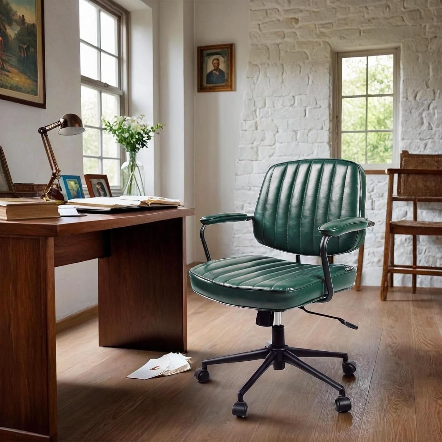 Green Leather Mid Century Office Chair With Wheels And Arms