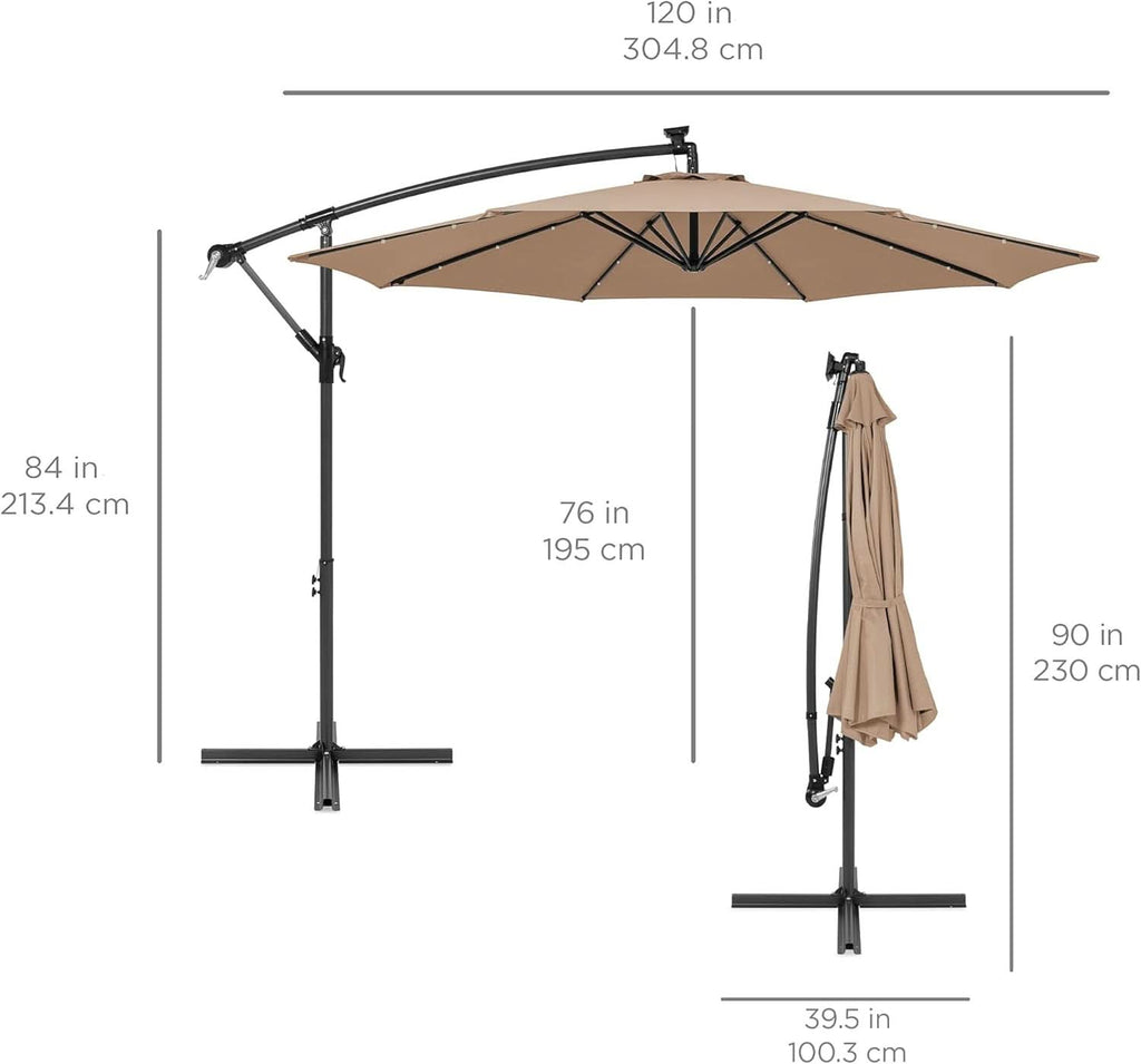 10 Foot Solar LED Offset Patio Umbrella With Easy Tilt Adjustment In Tan For Backyard Use