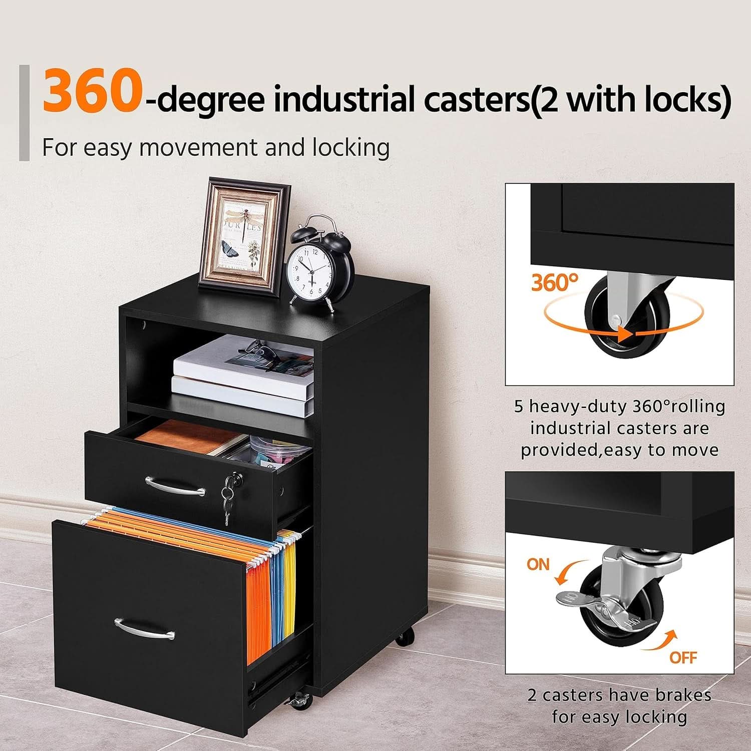 Black Under Desk File Cabinet 2 Drawers Lockable Wheels