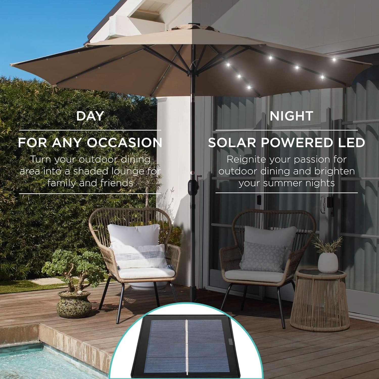 10 Ft Solar LED Patio Umbrella With Tilt Adjustment And UV Resistant Fabric All Weather Use