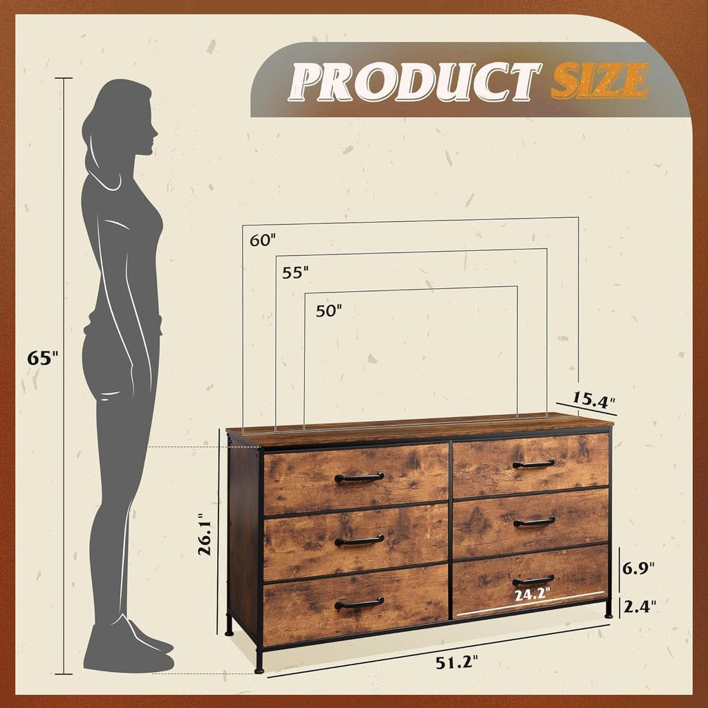 Wide Fabric Dresser TV Stand With 6 Drawers Rustic Brown