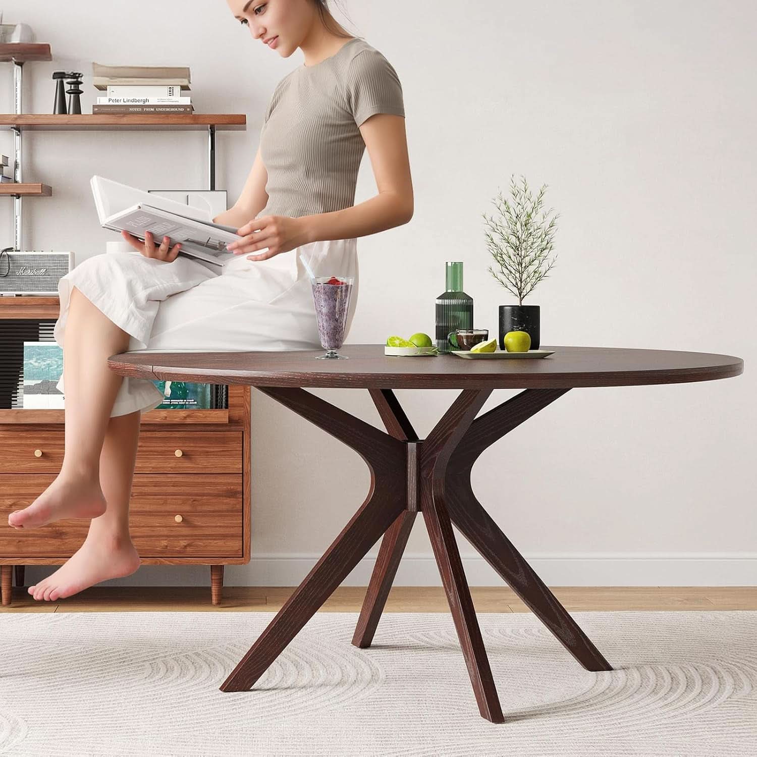 Walnut 47.2-Inch Round Dining Table With X Pedestal Solid Wood