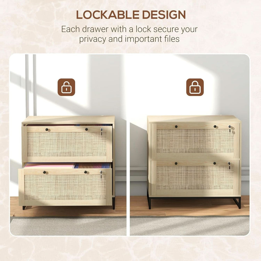 Two Drawer Rattan File Cabinet With Lock, Printer Stand And Adjustable Bars For Letter A4 Legal Files Natural Finish