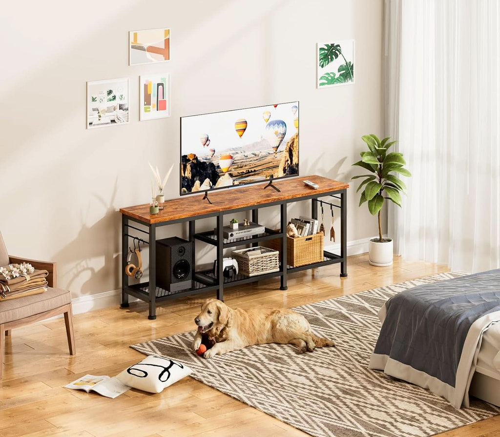 Rustic Brown TV Stand For 55 Inch With Open Storage Shelves
