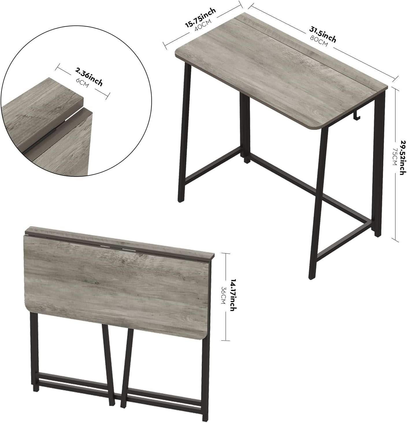 Folding Desk 31.5 Inch Gray Wash Fits Small Spaces