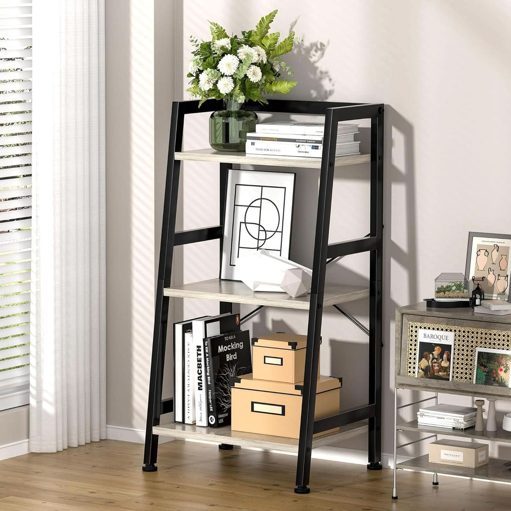 3-Tier Ladder Bookshelf With Steel Frame Greige Black