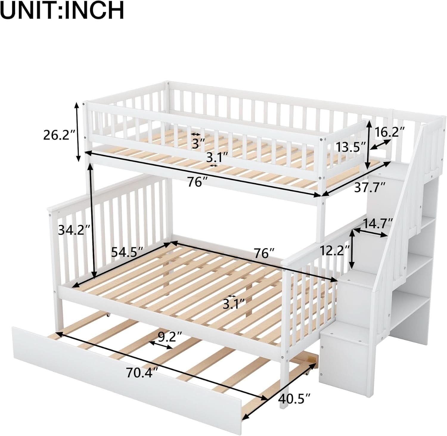Twin Over Full Bunk Bed With Stairs And Trundle White Wood