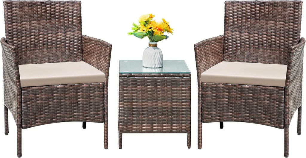 Patio Set 3 Piece All Weather Rattan Glass Table Brown
