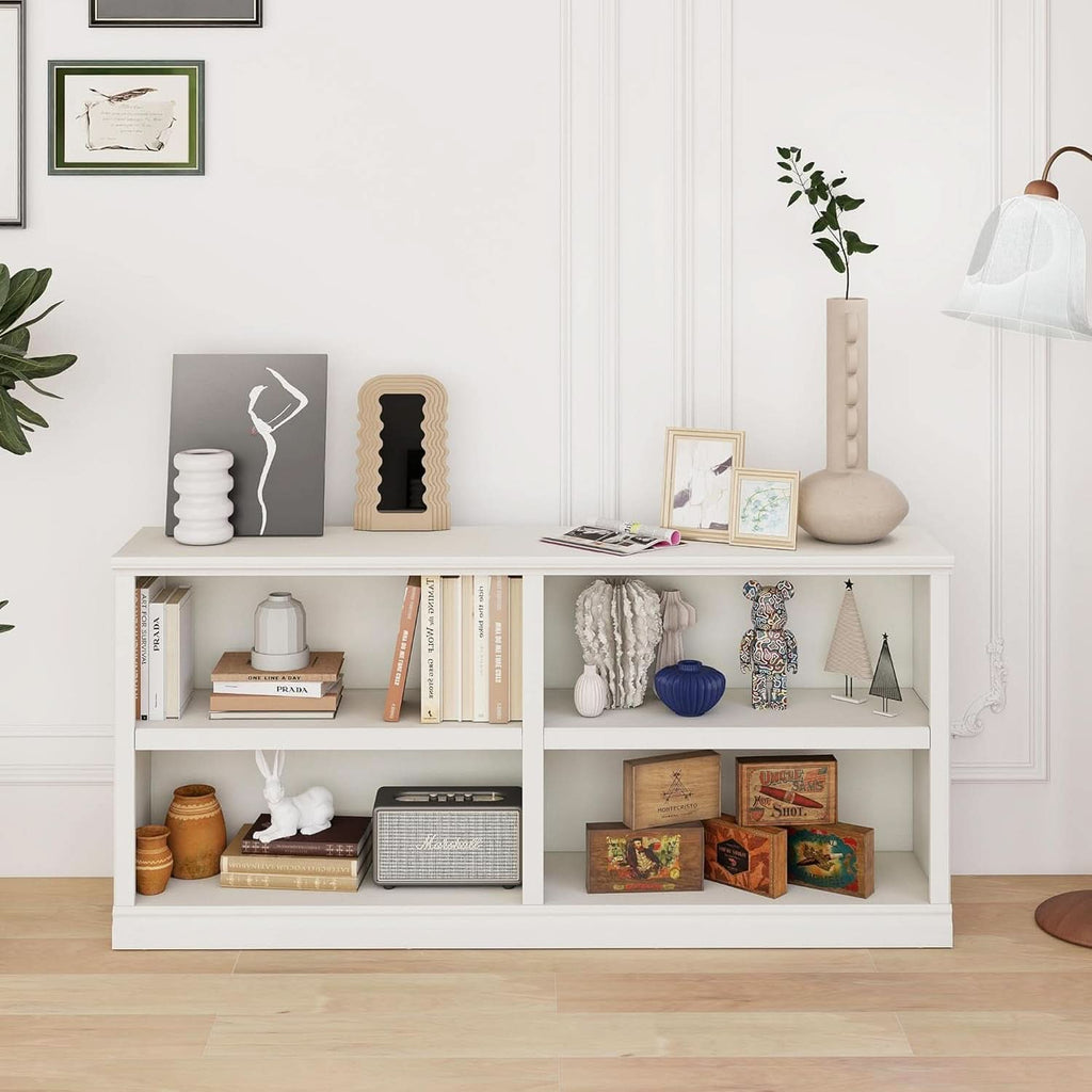 White Double Wide Bookshelf 64 Inch 2 Tier Storage Unit