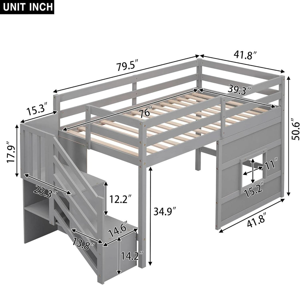 Twin Size Low Loft Bed In Gray With Stairs Storage