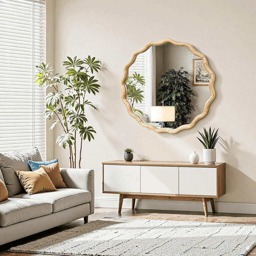 Round Wood Wall Mirror 24 Inch Shatterproof Glass Mounted