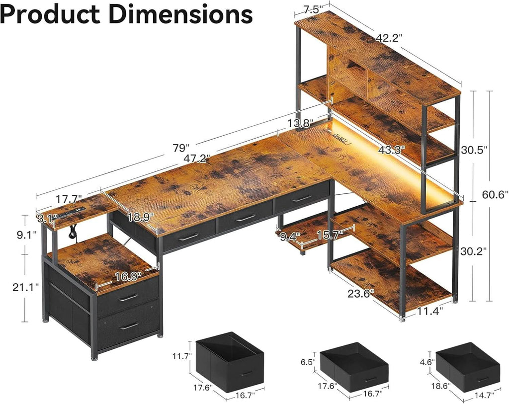 79 Inch L Shaped Desk With Power Outlets And LED Lights
