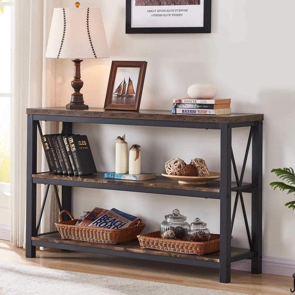 Rustic 47 Inch 3 Tier Sofa Console Table With Open Shelves