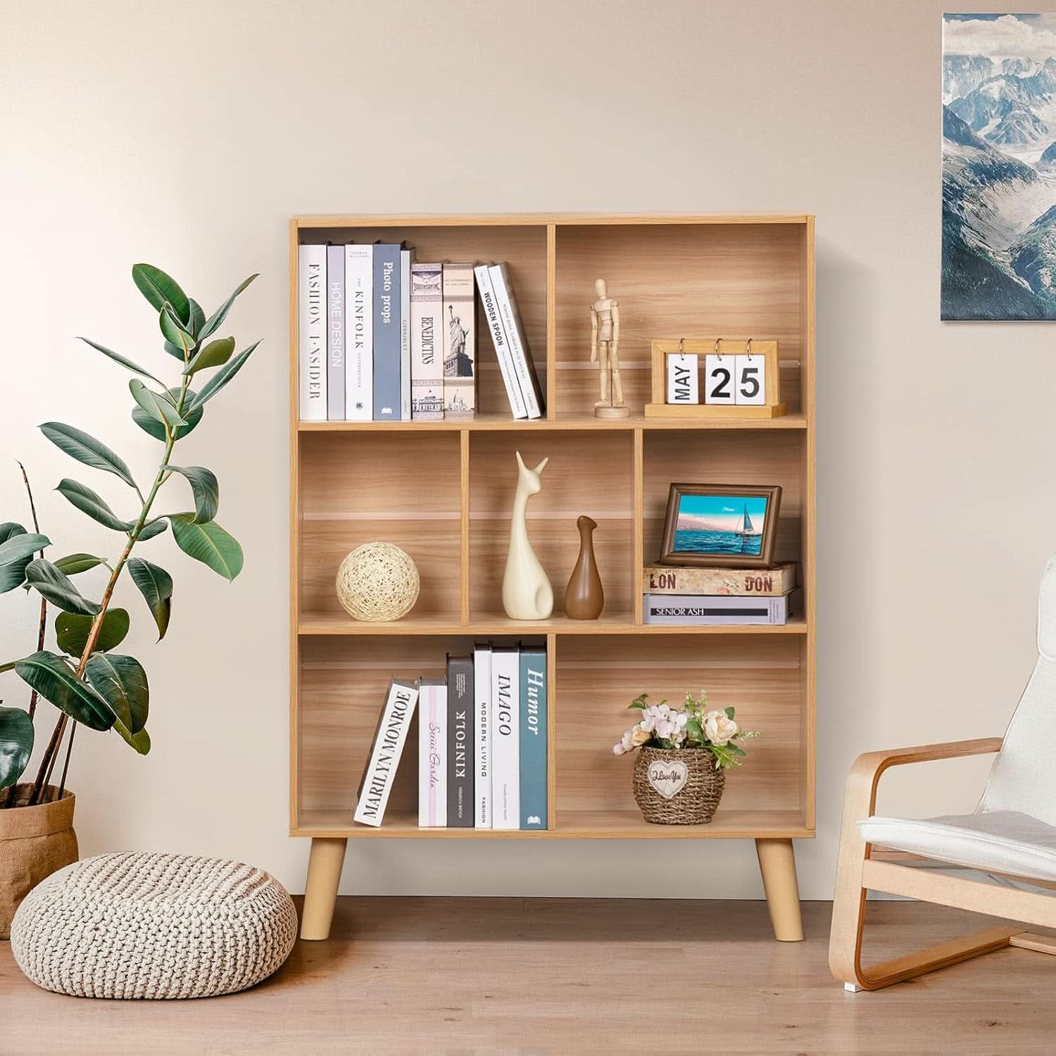Wooden 7 Cube Bookshelf Natural Finish 3 Tier Freestanding