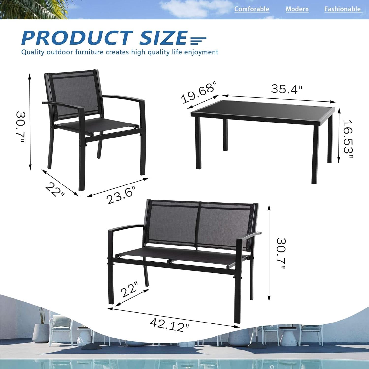 Dark Grey Outdoor Patio Set With Glass Coffee Table