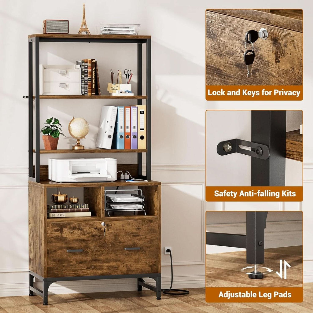 File Cabinet With Charging Station Lockable Vertical Filing Cabinet Rustic Brown