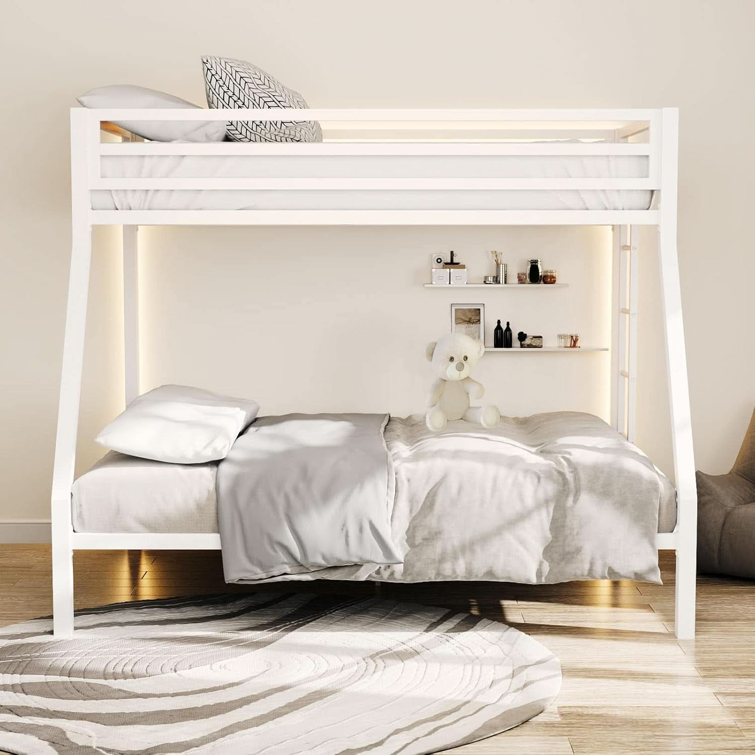 Metal Loft Bunk Bed Twin Over Full Size With Guardrail And Ladder Cream White