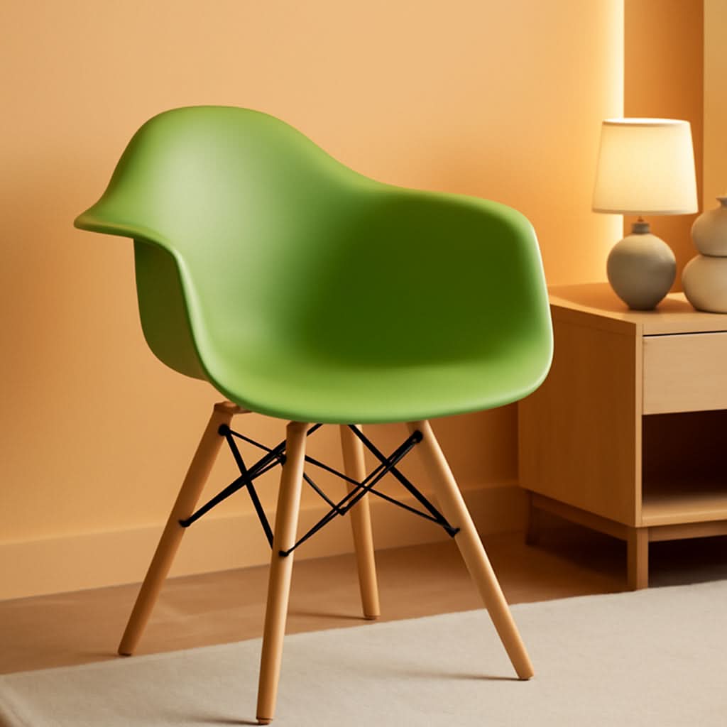 Alonza Green Plastic Chair With Wooden Legs For Dining Room
