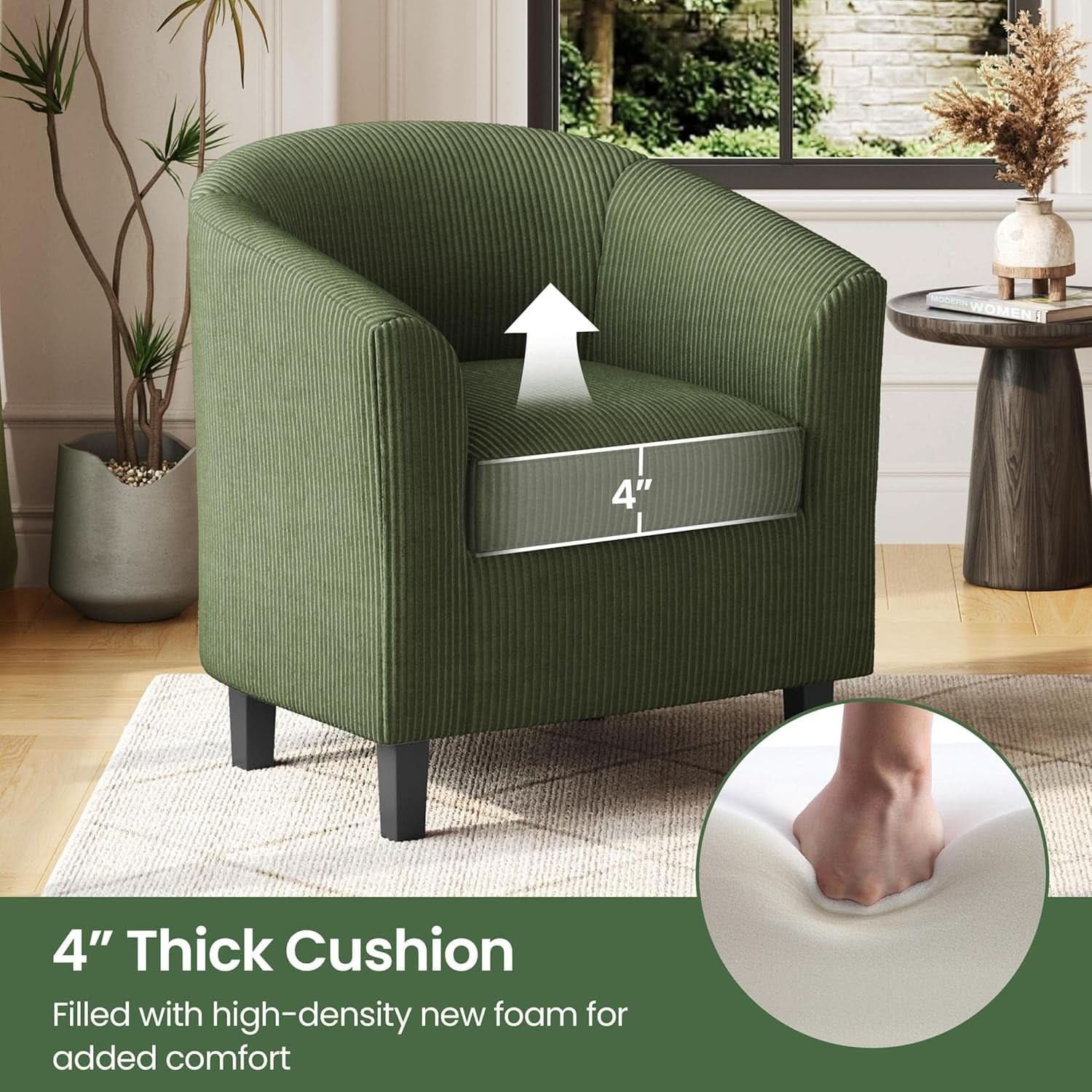 Corduroy Barrel Chairs Set of 2 Dark Green Upholstered