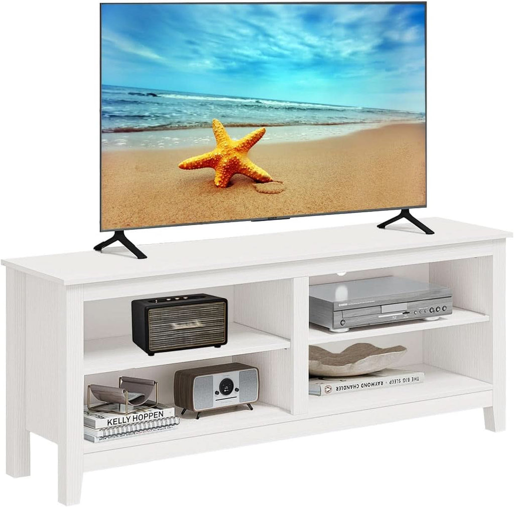 65 Inch TV Stand With Open Storage Shelves White Cabinet