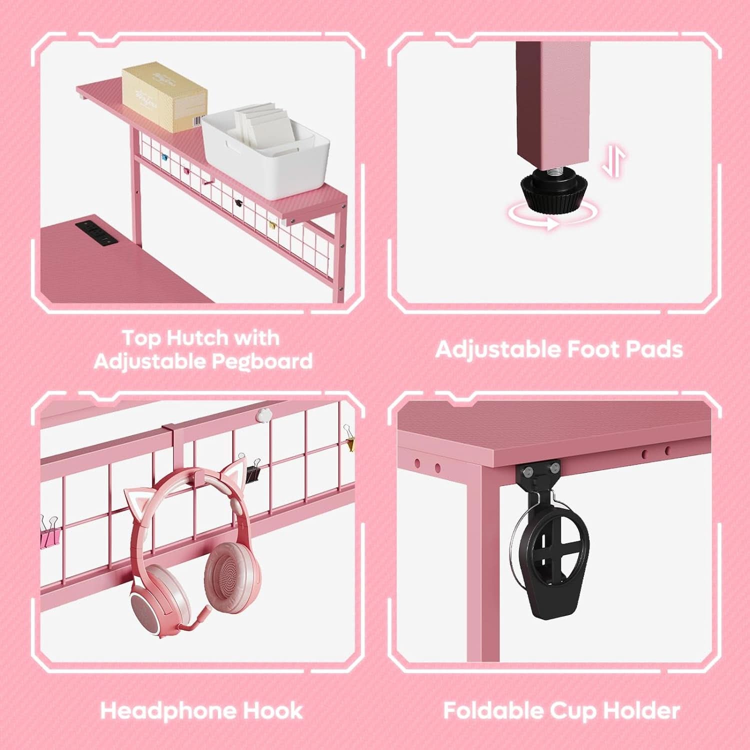 51 Inch L Shaped Gaming Desk Pink With Power Outlets And LED Lights