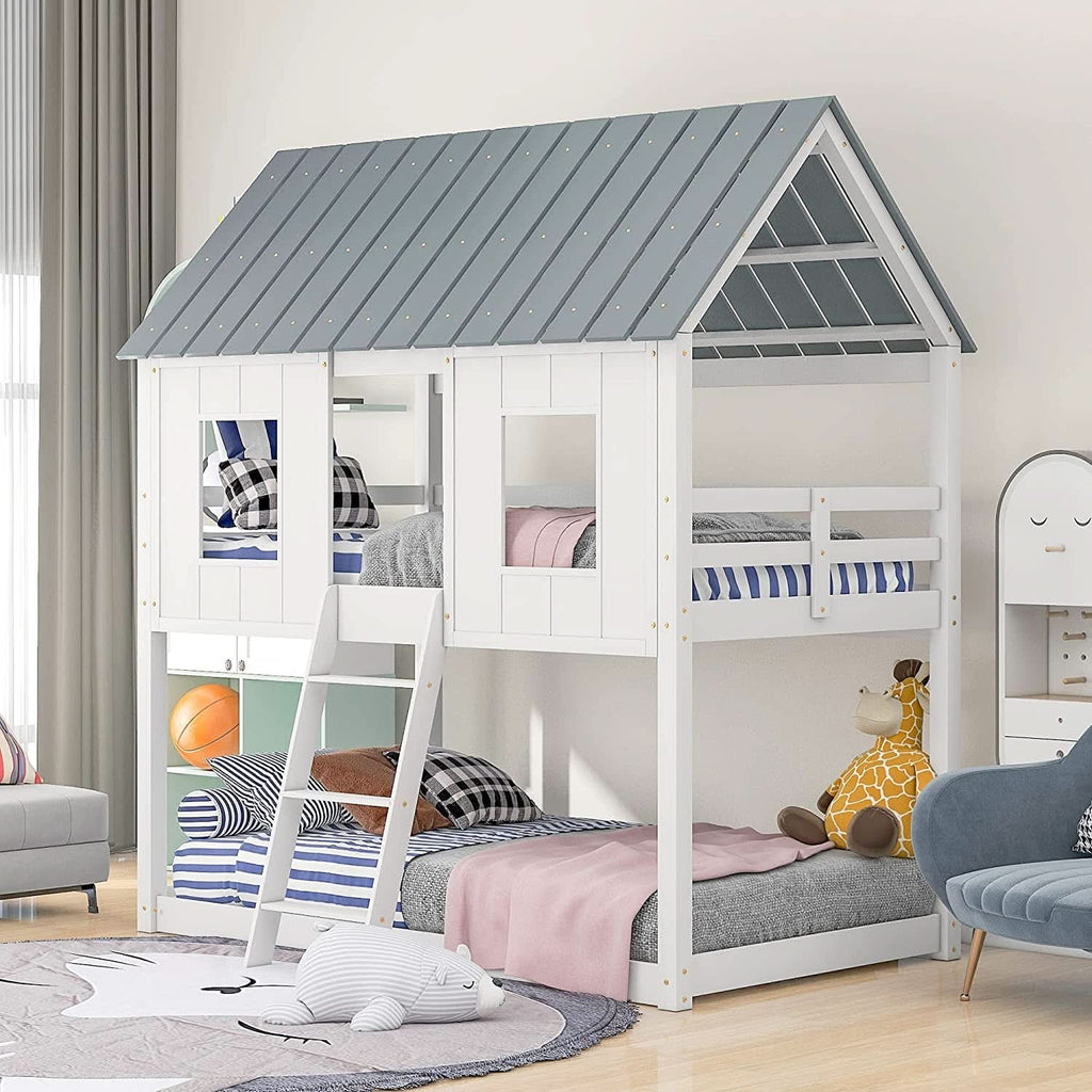 Twin House Bunk Bed With Playhouse White And Gray Finish