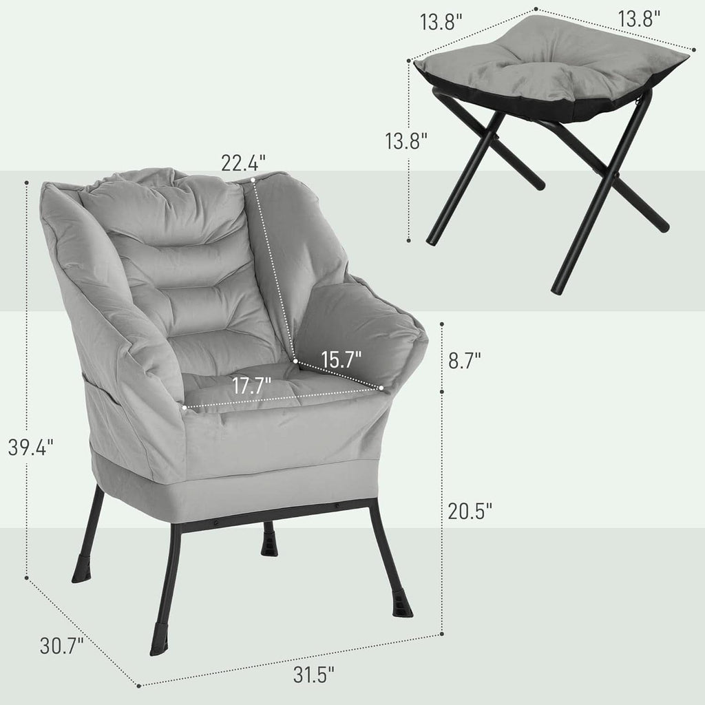 Fabric Lounge Chair With Ottoman Light Gray Overstuffed Padding