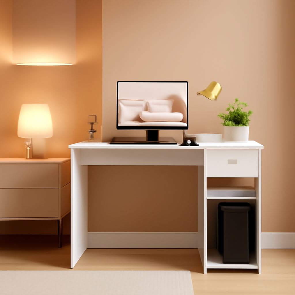 White 44 Inch Desk And Black Mesh Chair Set With Adjustable