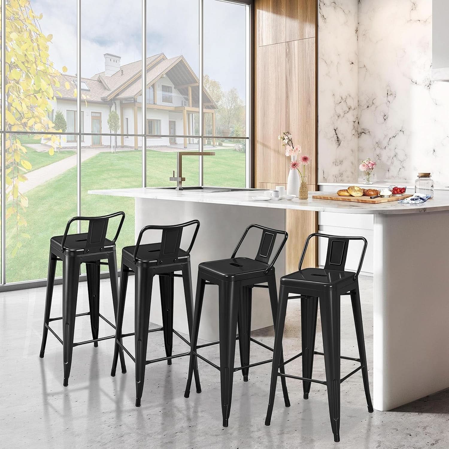 30 Inch Matte Black Metal Bar Stool Set Of 4 With Low Back