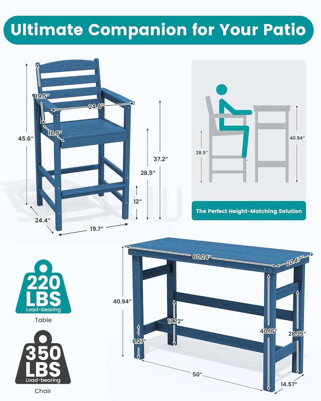 Adirondack Outdoor Bar Table And Chairs Set Blue