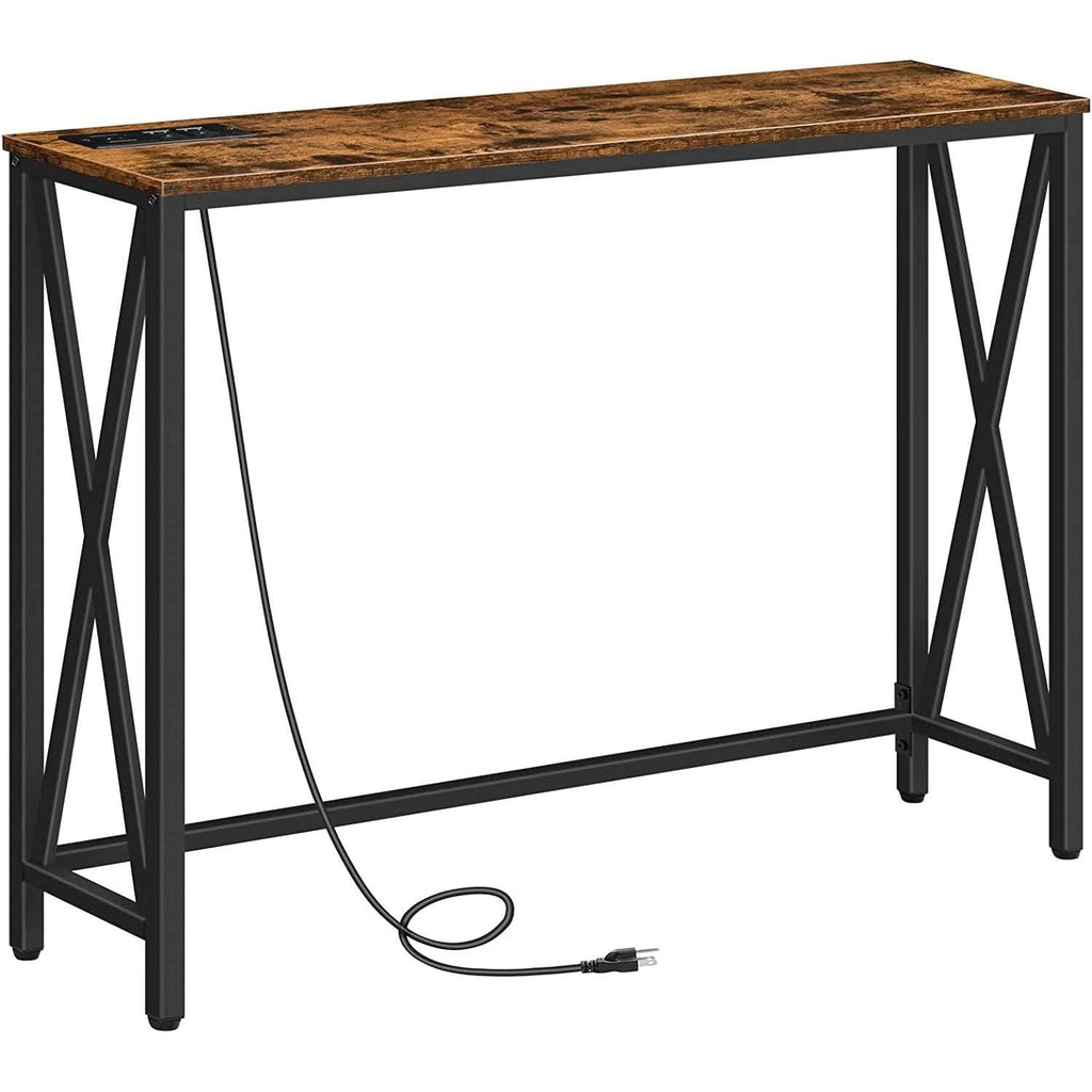 Rustic Brown Sofa Table With Power Outlet And USB Ports