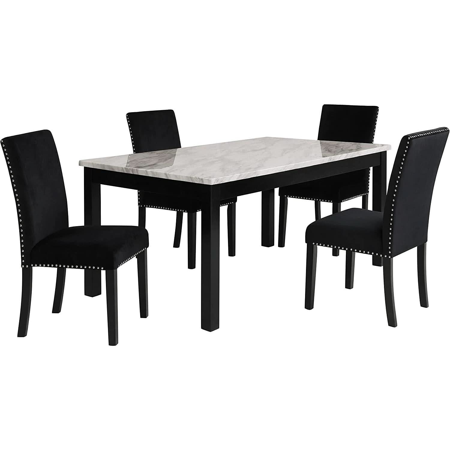 64 Inch Dining Table With Faux Marble Top And Black Base