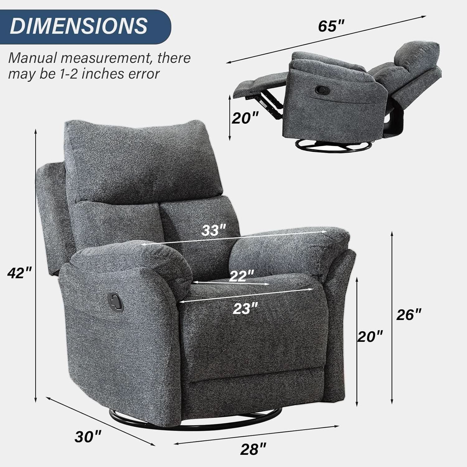 Swivel Rocker Recliner Chair Gray Fabric For Small Spaces