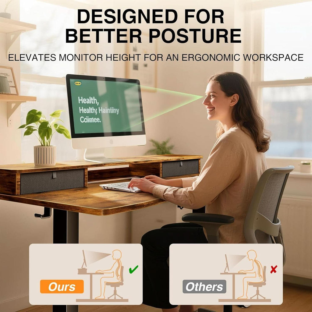 Brown 47.2 Inch Standing Desk Monitor Riser Drawers