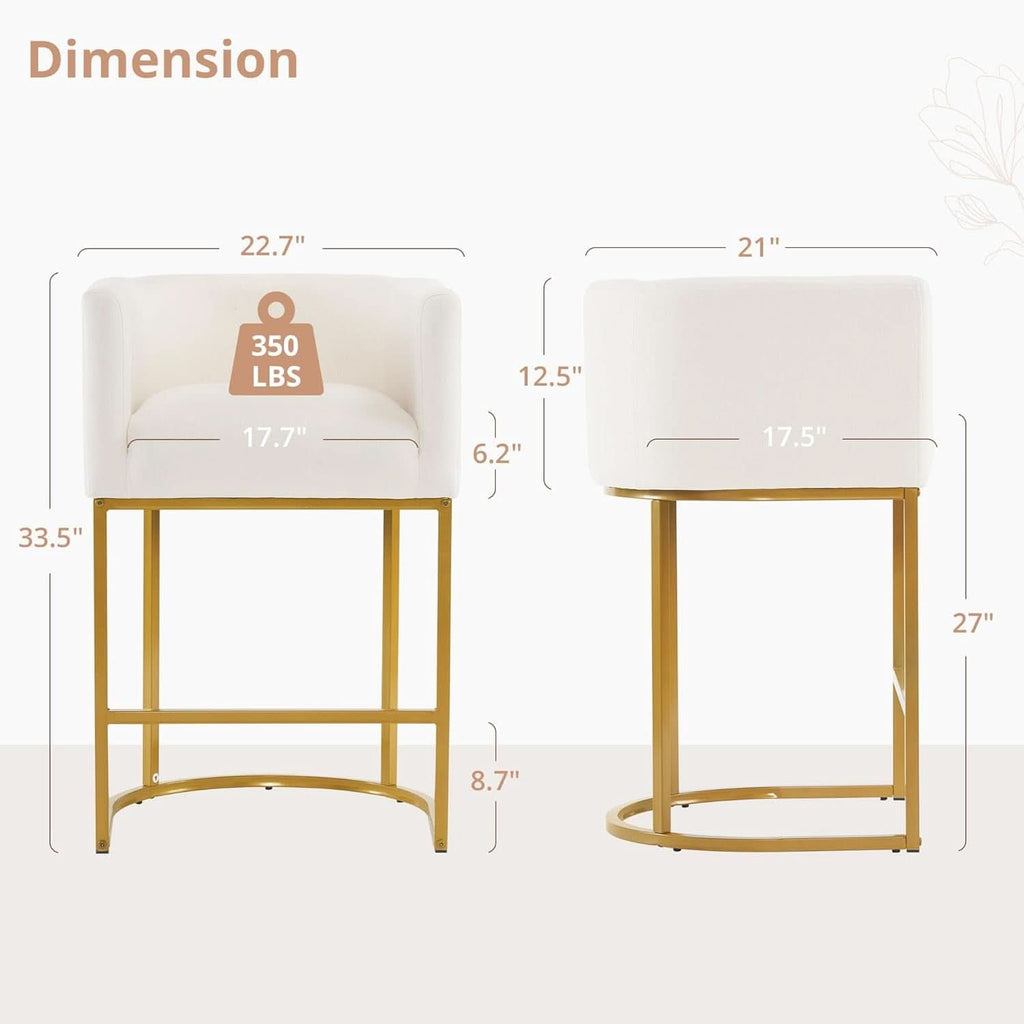 27 Inch Counter Height Bar Stools With Backrest And Arms Gold Metal Frames Beige Linen Upholstery