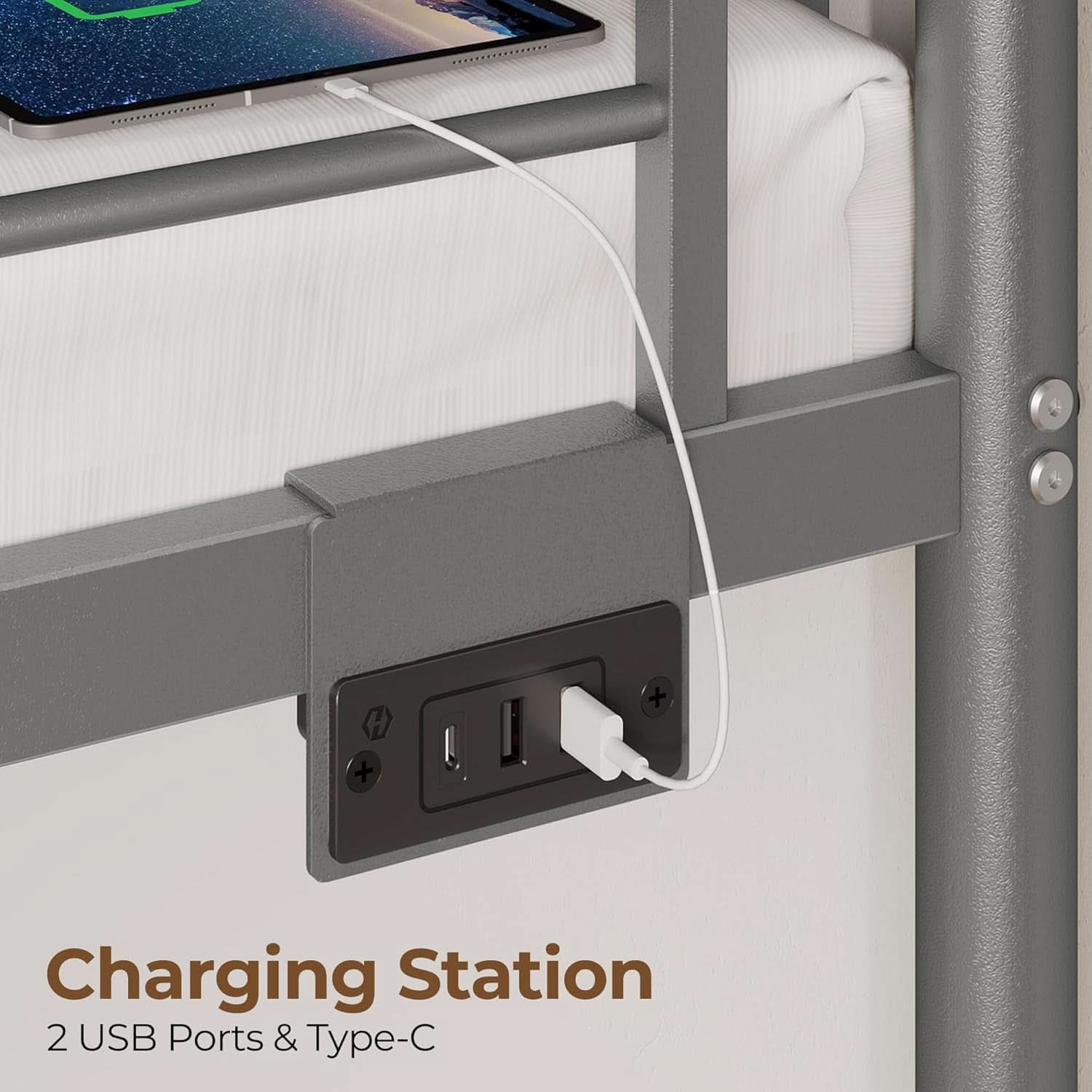 Grey Metal Twin Bunk Bed With USB Charging And Drawers