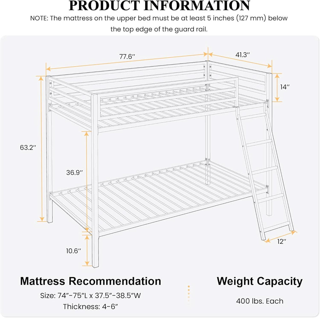 Twin Over Twin Metal Bunk Bed Black Guardrail And Ladder