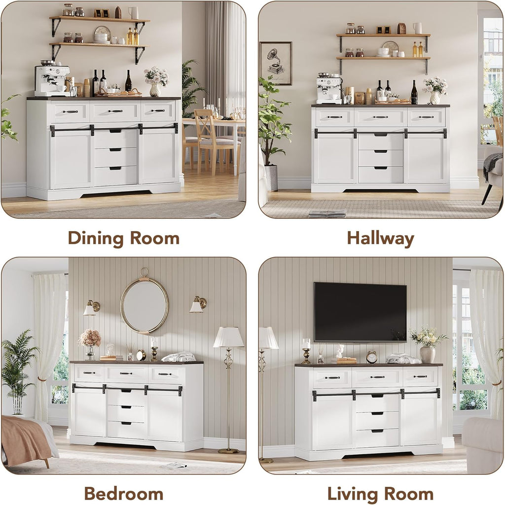 GAOMON Farmhouse 6 Drawers Dresser for Bedroom with Sliding Barn Doors, Wood Dressers & Chest of Drawers, Rustic Dressers TV Stand, Dresser Organizer for Bedroom, Living Room, White