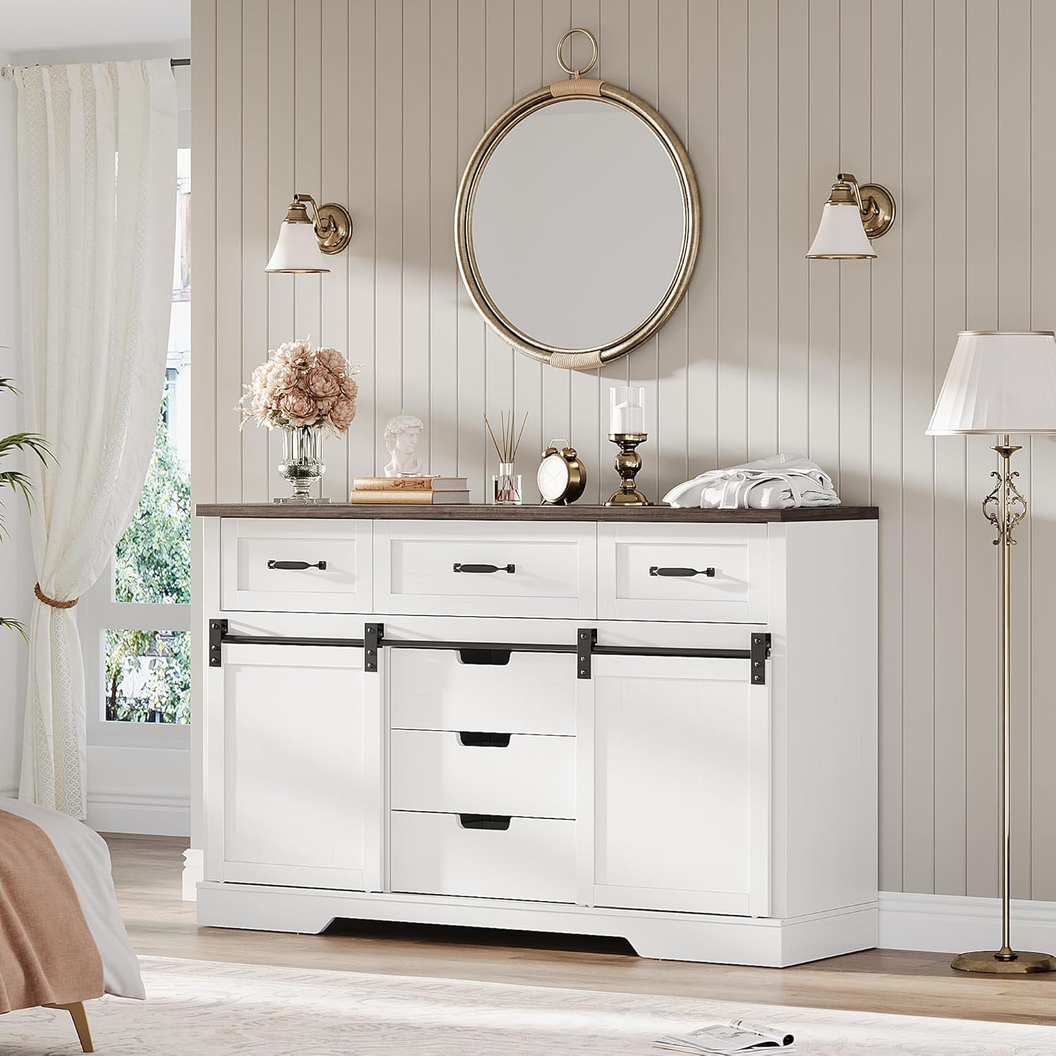 GAOMON Farmhouse 6 Drawers Dresser for Bedroom with Sliding Barn Doors, Wood Dressers & Chest of Drawers, Rustic Dressers TV Stand, Dresser Organizer for Bedroom, Living Room, White