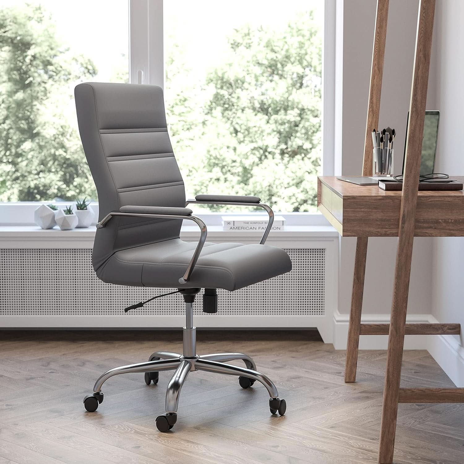Whitney High Back Leather Office Chair With Adjustable Height Gray Chrome