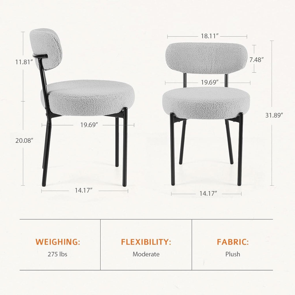Boucle Upholstered Dining Chairs Set Of 4 With Curved Backrest Metal Legs Grey