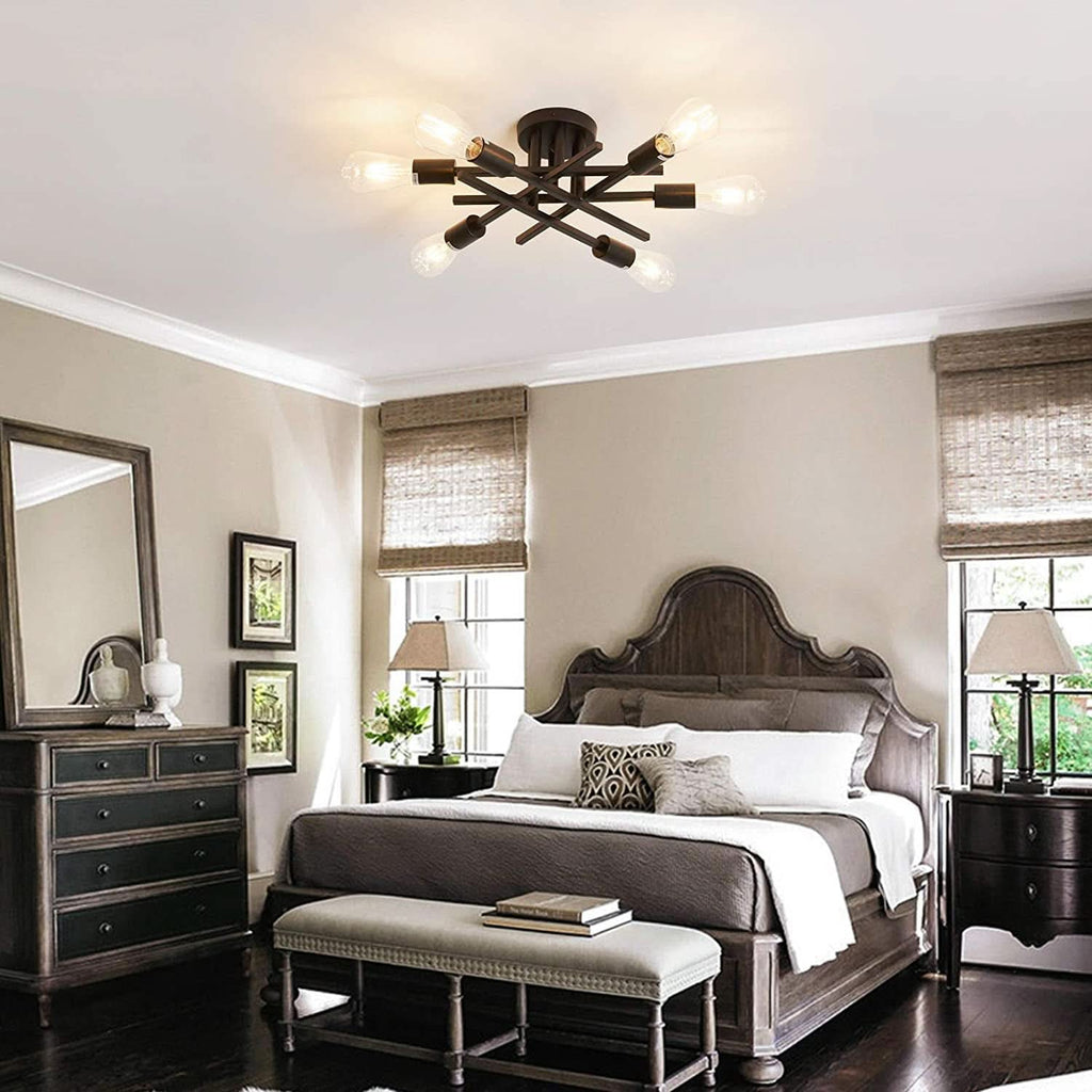 Six Light Black Matte Sputnik Chandelier Semi Flush Ceiling Light