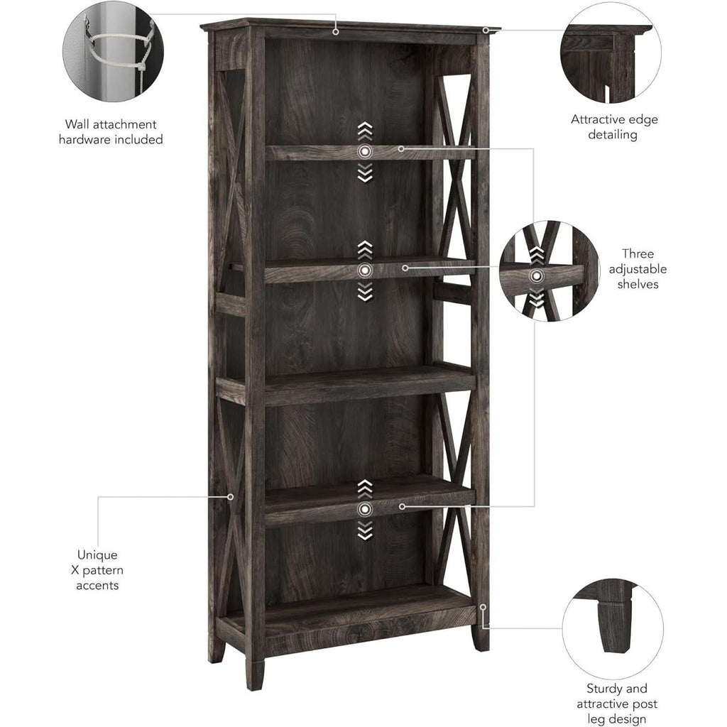 Bush Furniture Tall 5 Shelf Bookcase Dark Gray Hickory