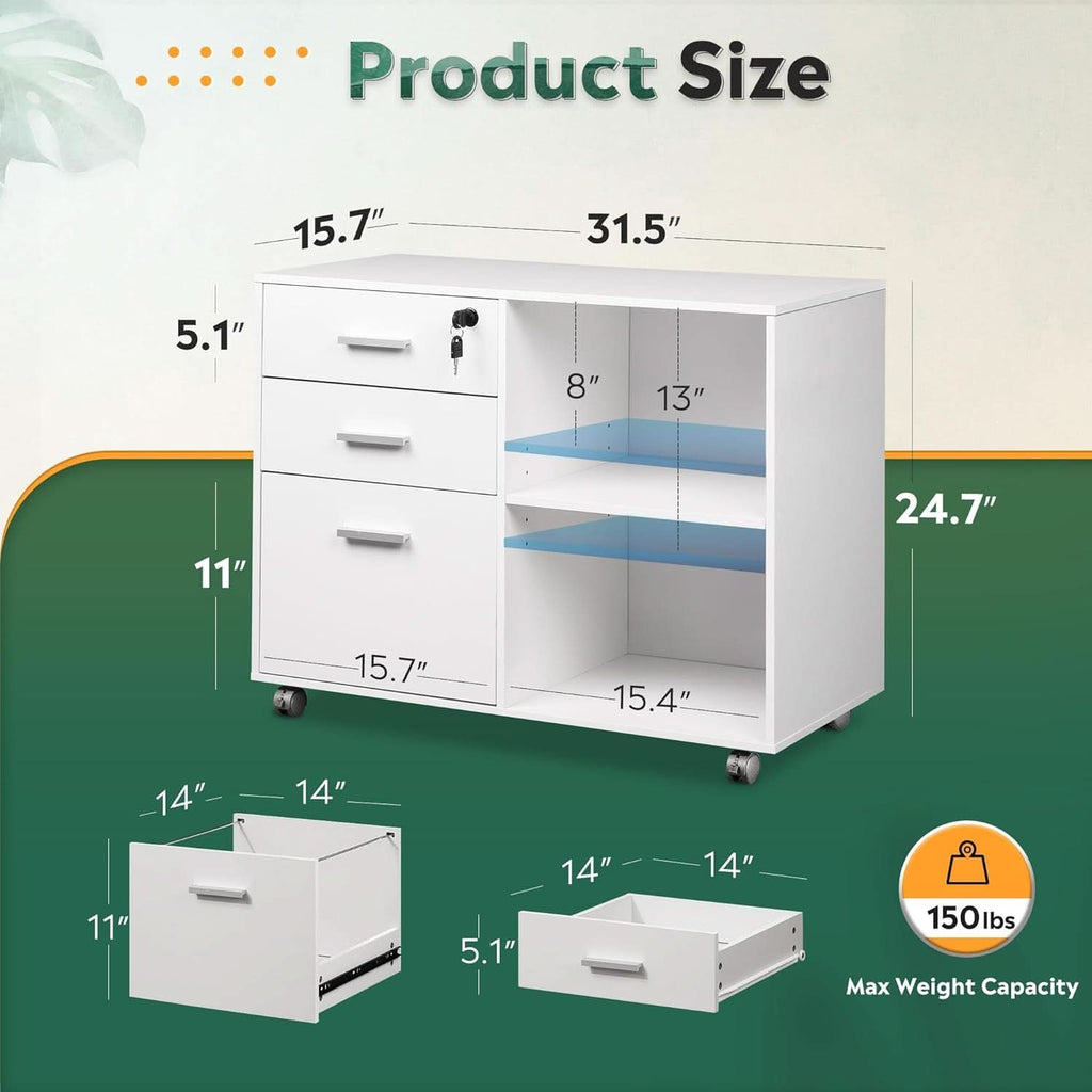 Three Drawer File Cabinet With Printer Stand Locking Wheels