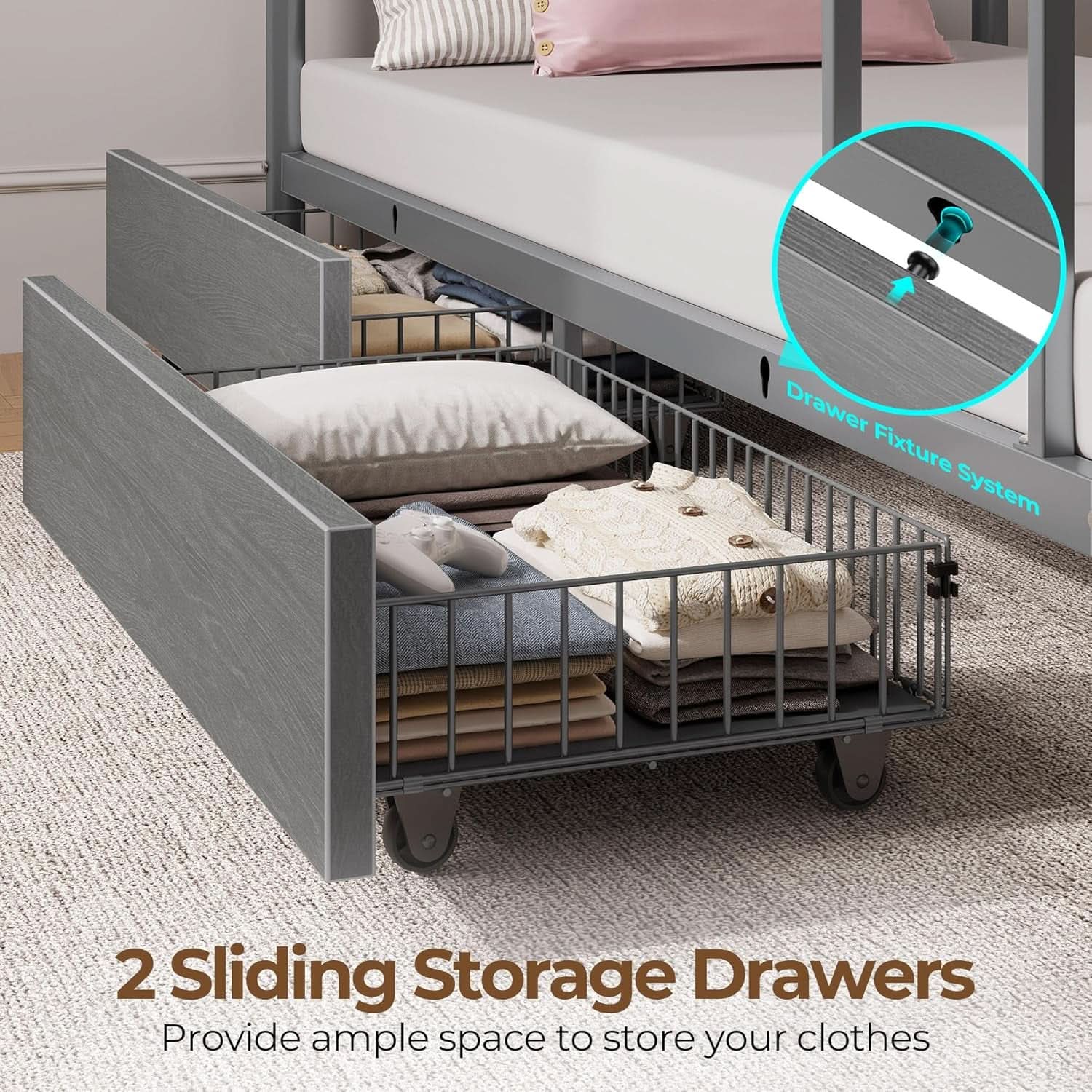 Grey Metal Twin Bunk Bed With USB Charging And Drawers